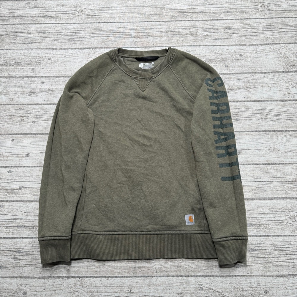 Carhartt Sweatshirt Women's Small Olive Green Relaxed Fit Sleeve Logo Pullover